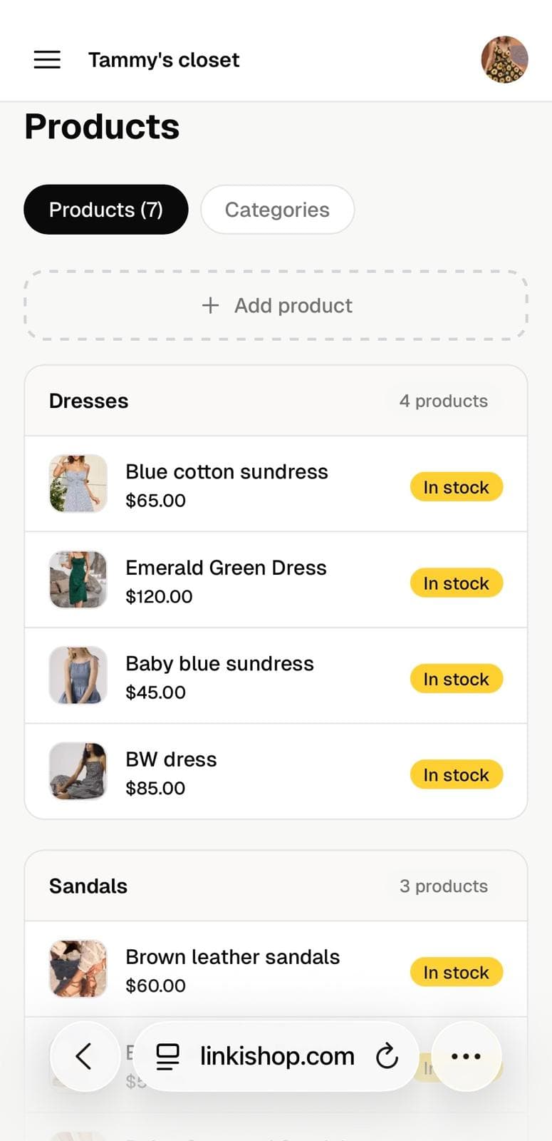 Products dashboard screenshot