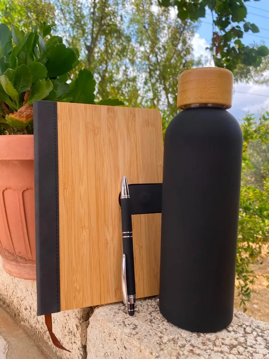 Eco-Luxe Executive Gift Set (Wooden Notebook + Bottle + Pen)