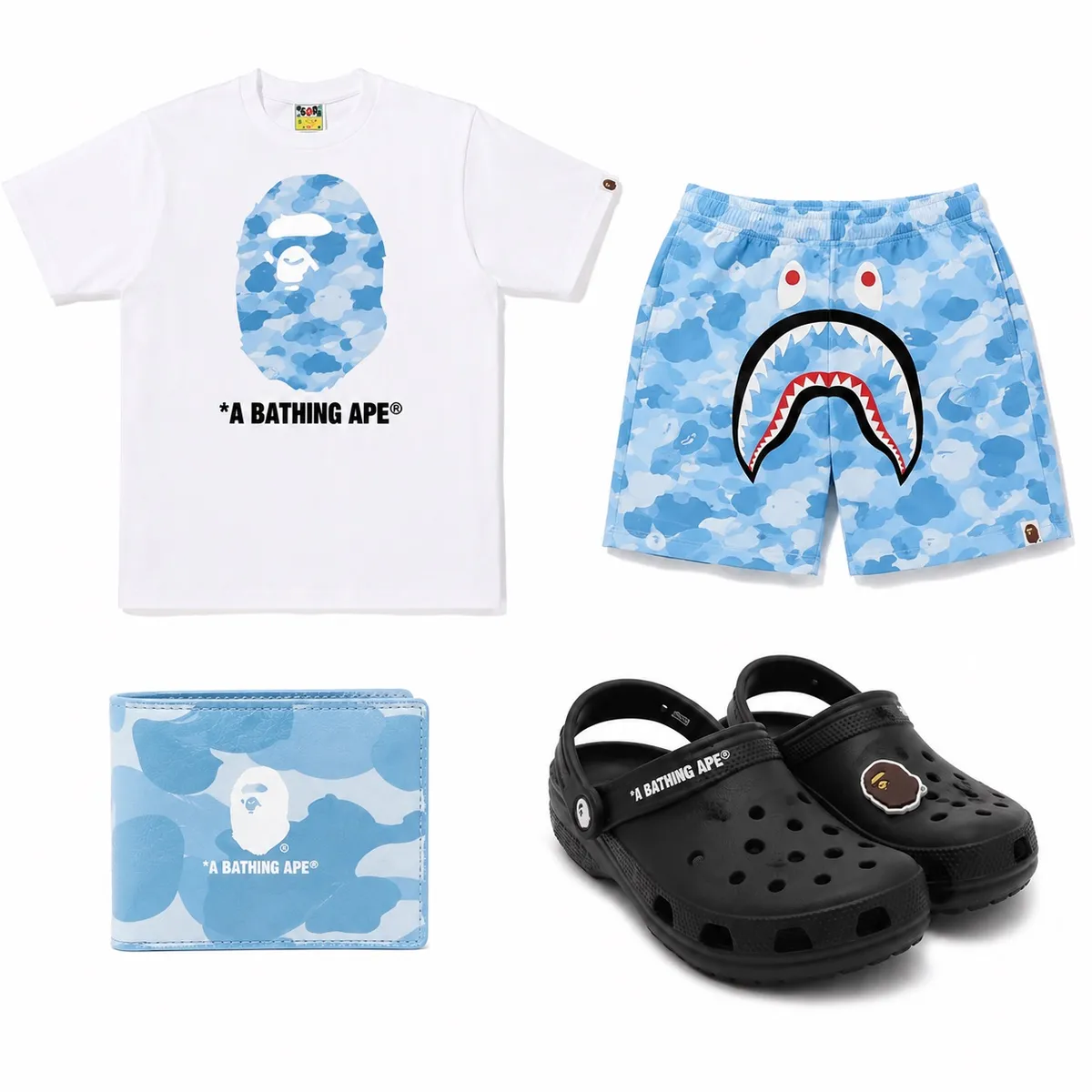 ANY BAPE T-SHIRT ,SHORT ,WALLET, CROCS, COVER FOR PHONE PLUS FREE DELIVERY