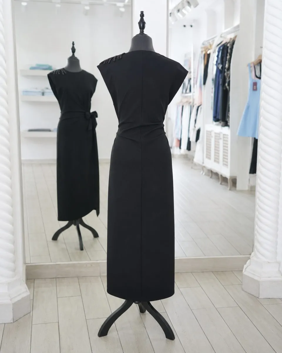 Black Draped Waist Midi Dress