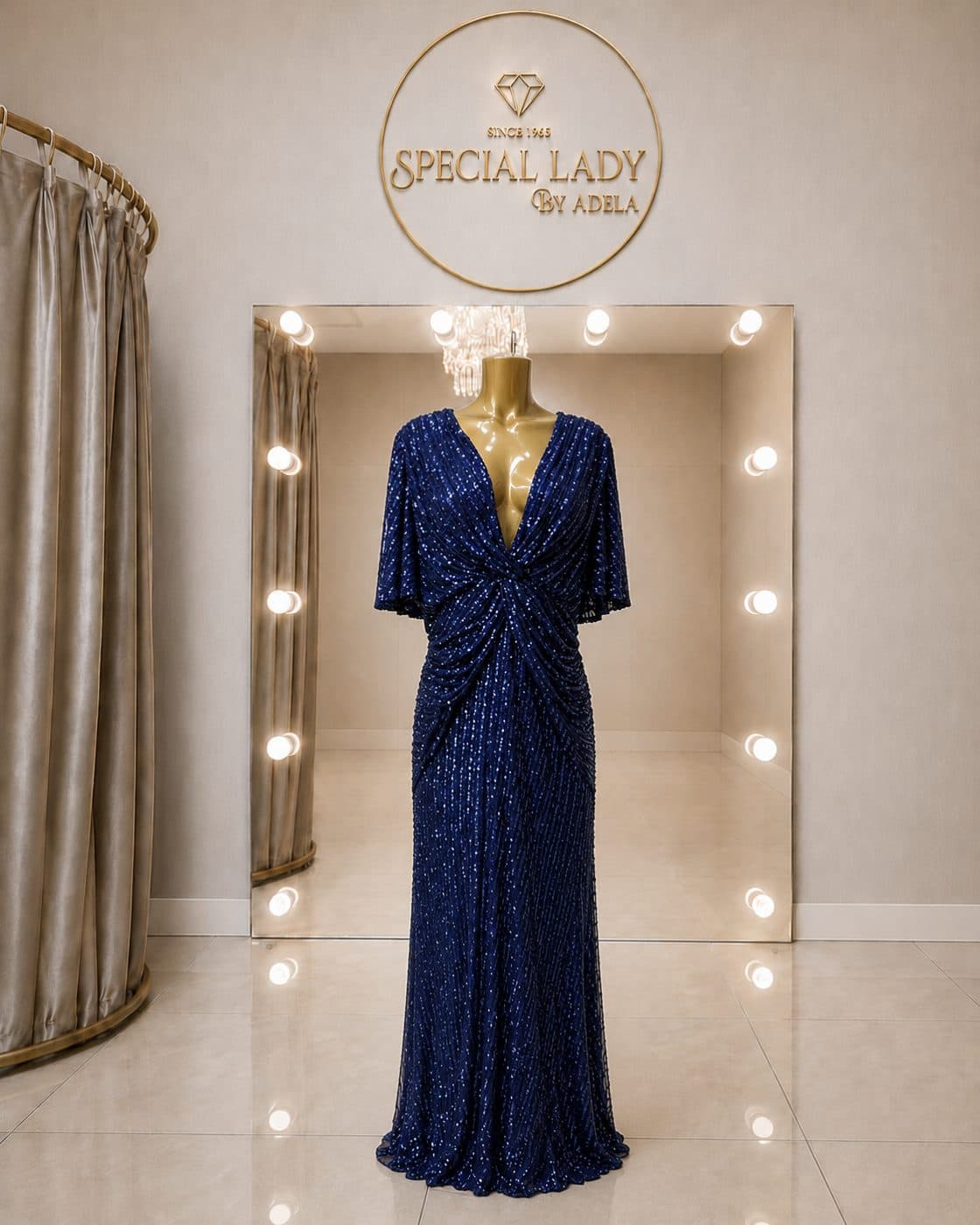 Sapphire Drape Sequin Gown