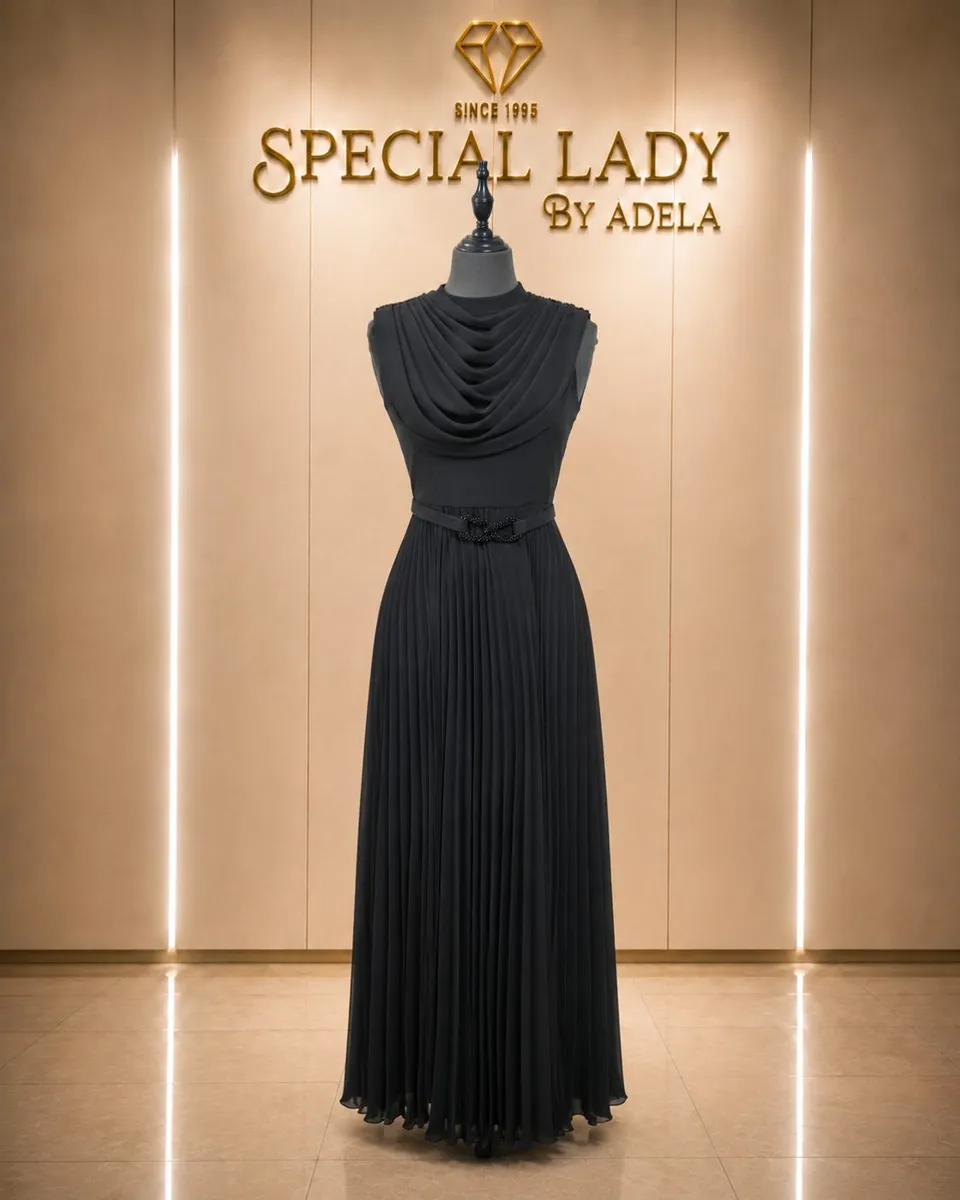Black Draped Neck Pleated Maxi Dress