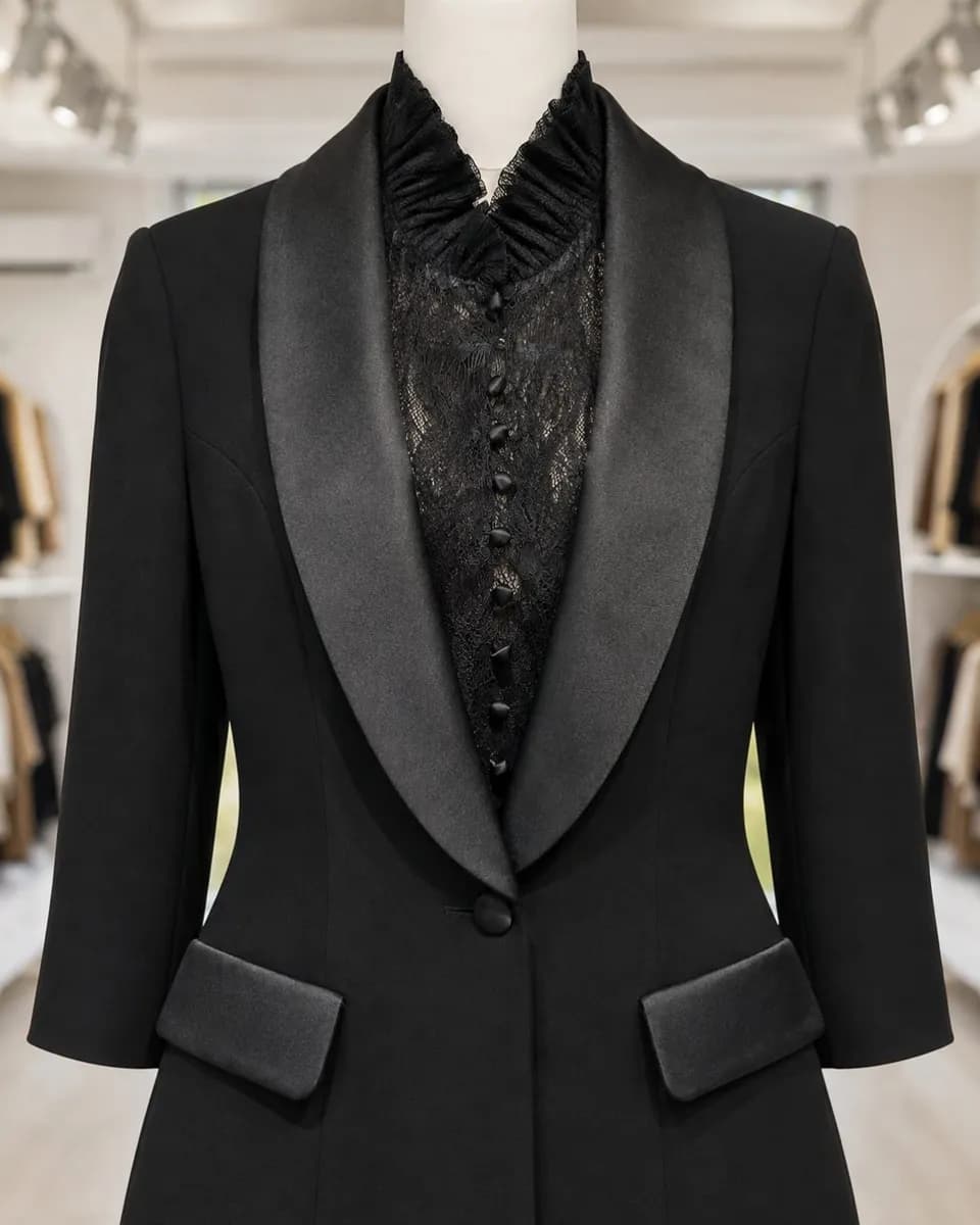 Black Satin-Lapel Lace Blouse Trouser Suit