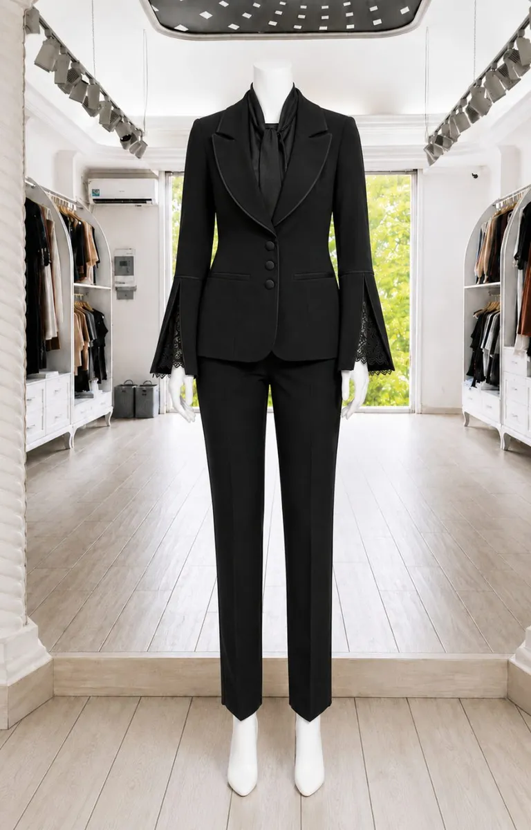 Black Lace Cuff Blazer & Tie-Neck Trouser Set