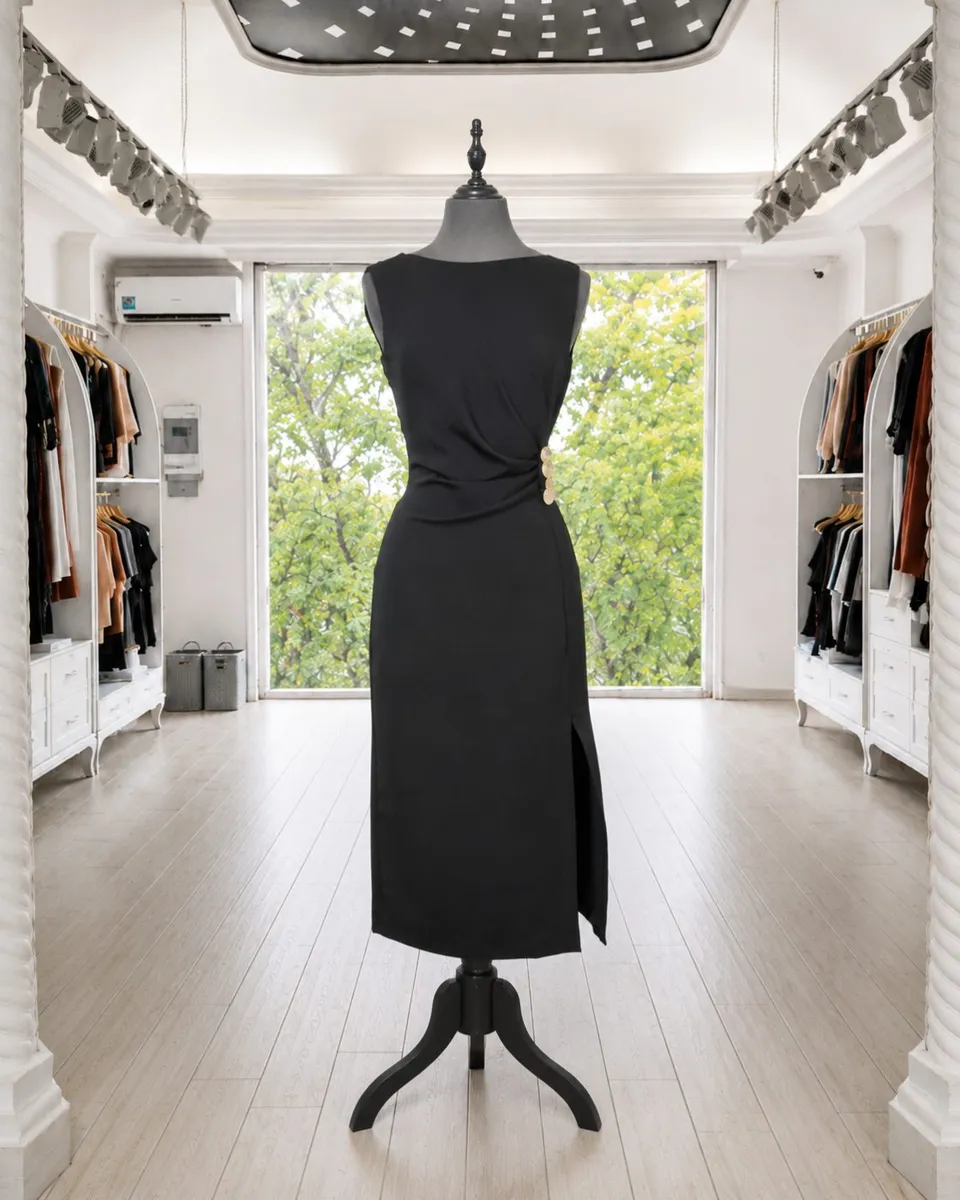 Black Draped Waist Midi Dress with Gold Button Detail