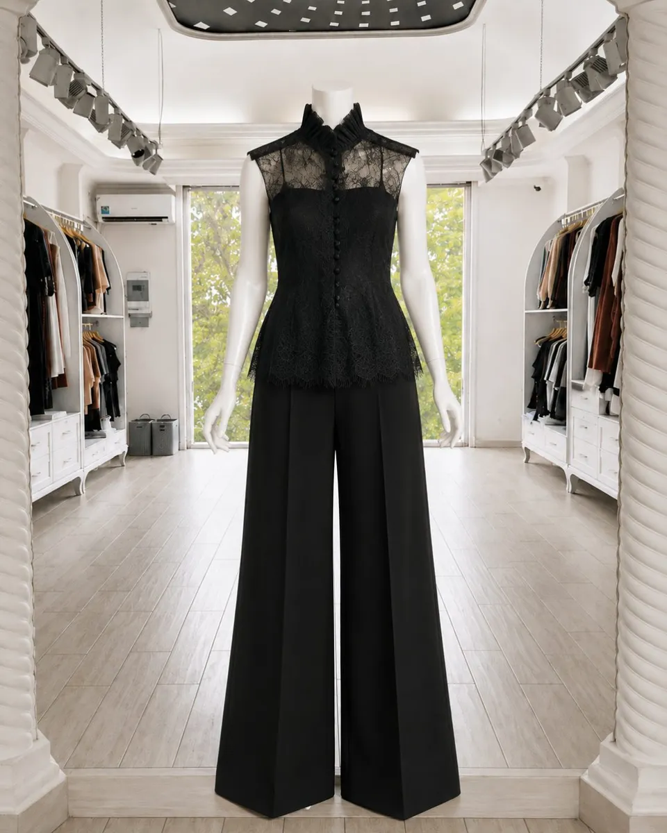 Black Lace High-Neck Wide-Leg Jumpsuit