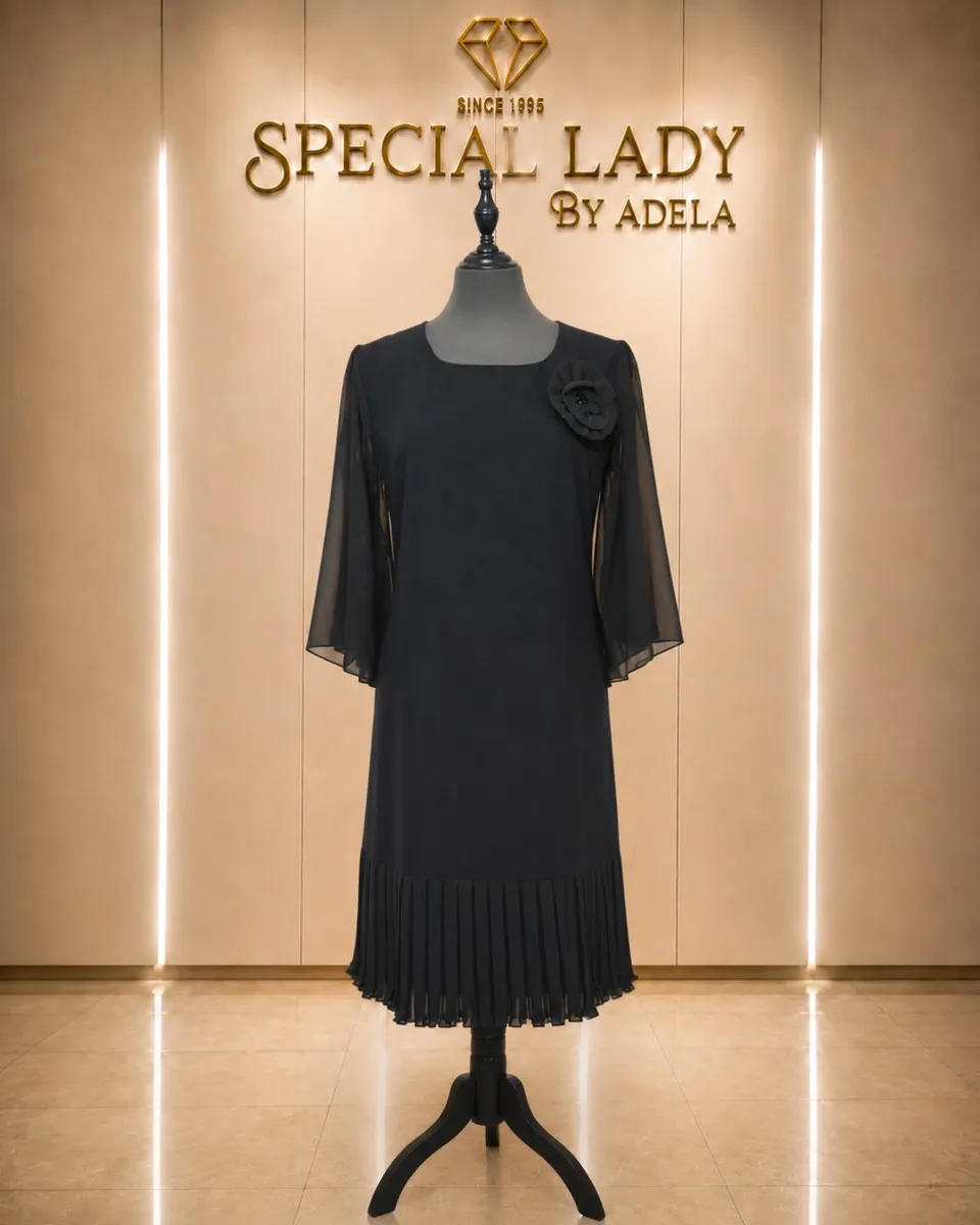 Black Sheer Sleeve Flower Detail Dress