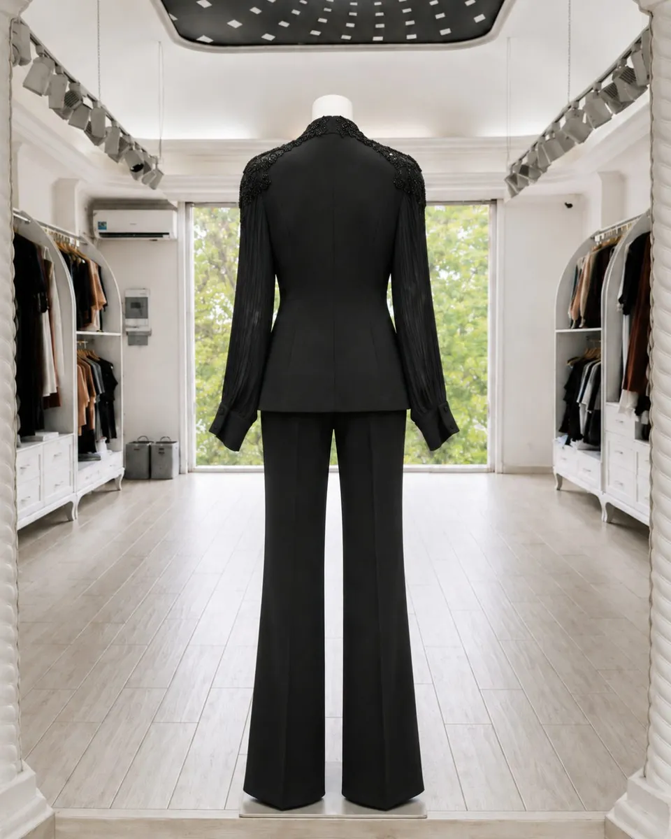 Black Embellished Fringe-Sleeve Trouser Suit