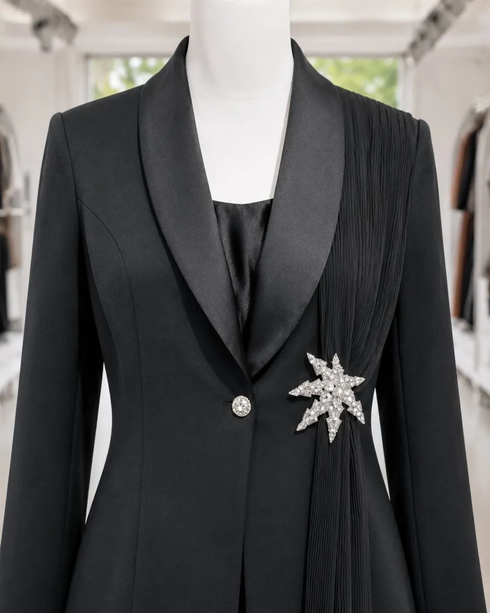 Black Pleated Sash Blazer & Wide-Leg Trouser Set