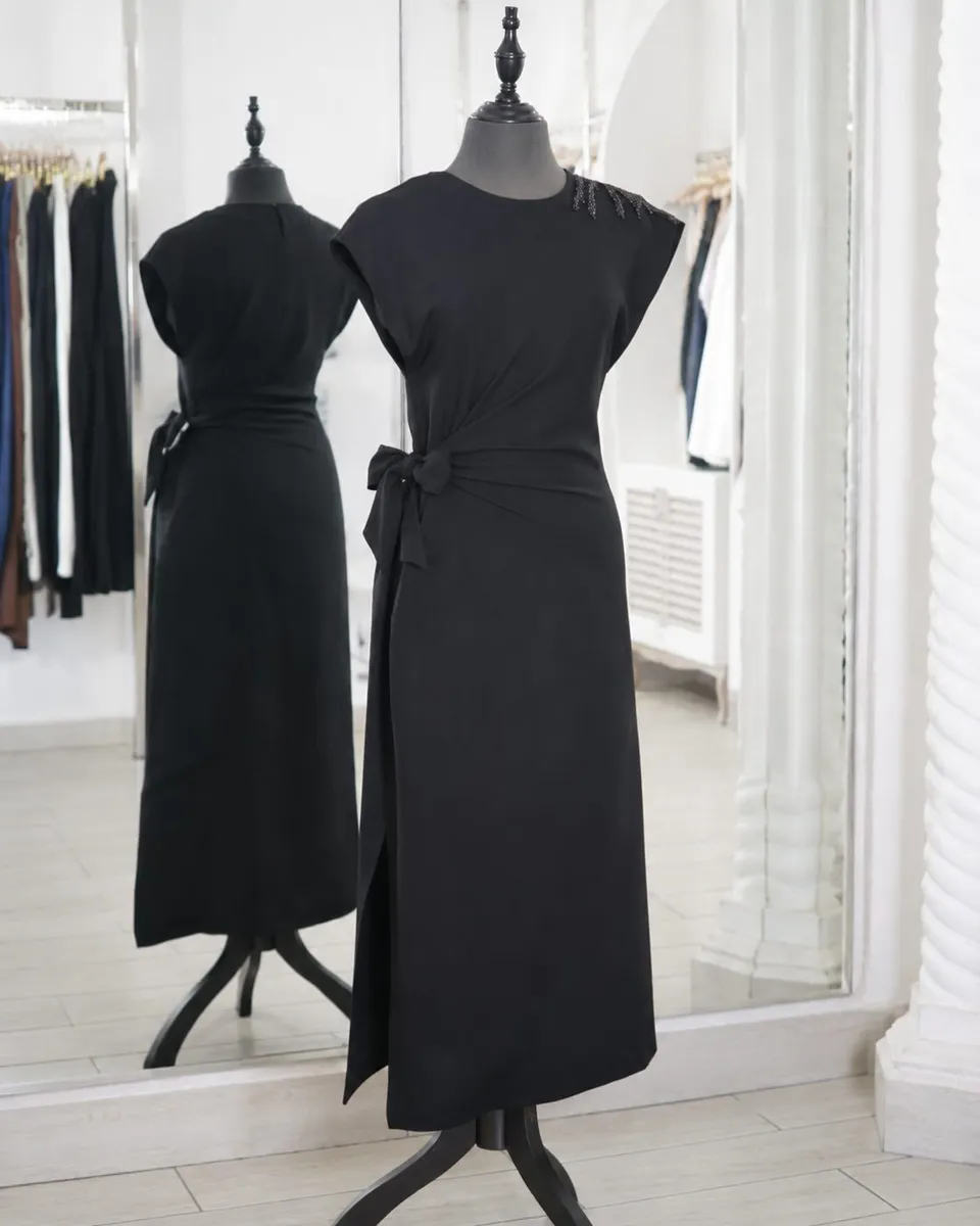 Black Beaded Shoulder Tie-Waist Dress