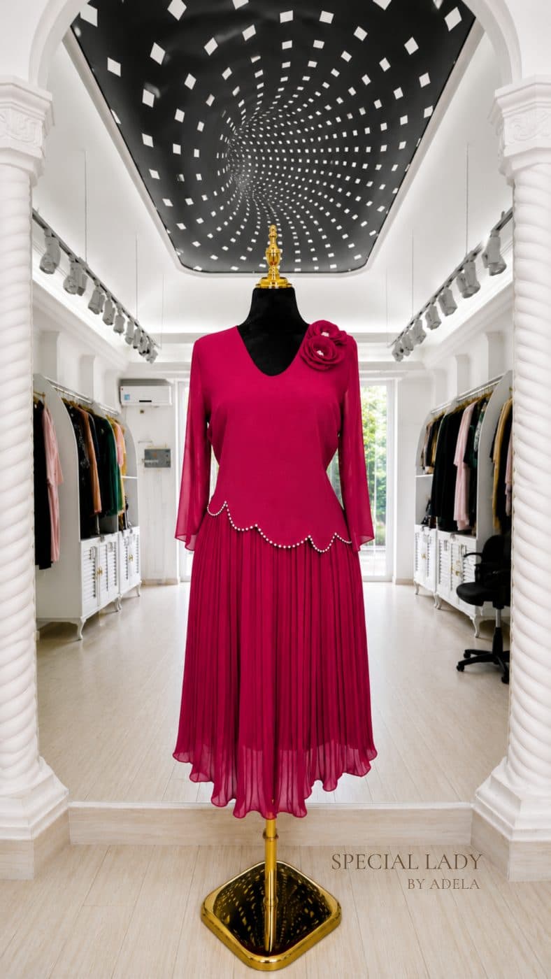 Fuchsia Rosette Pleated Dress