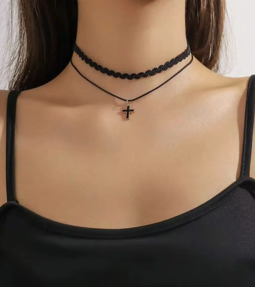 Double Layer Simple Black Cross Women's Choker Necklace