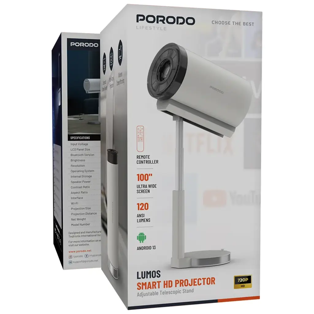 Porodo Lifestyle Lumos Smart HD Projector - White