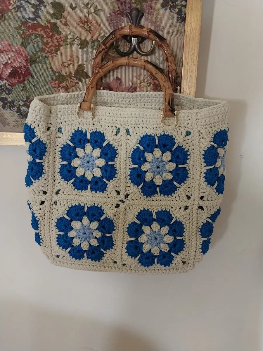 Royal Blue and Off-white Floral Tote Bag