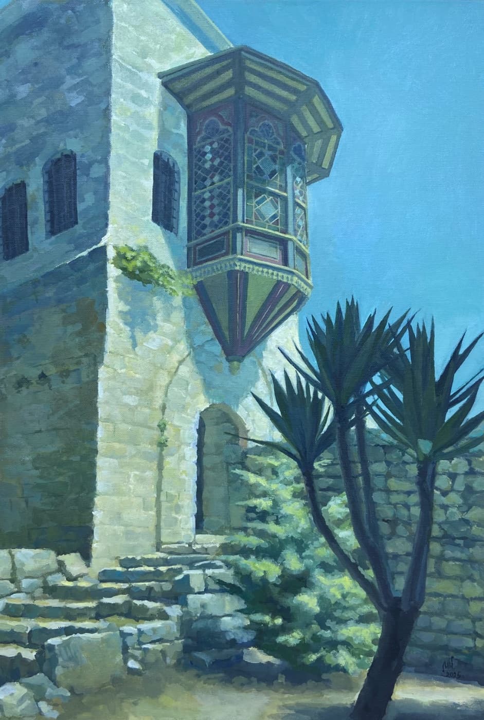 Sunlit Mediterranean Architecture – Orientalist Oil Painting with Beiteddine place & Palm Trees
