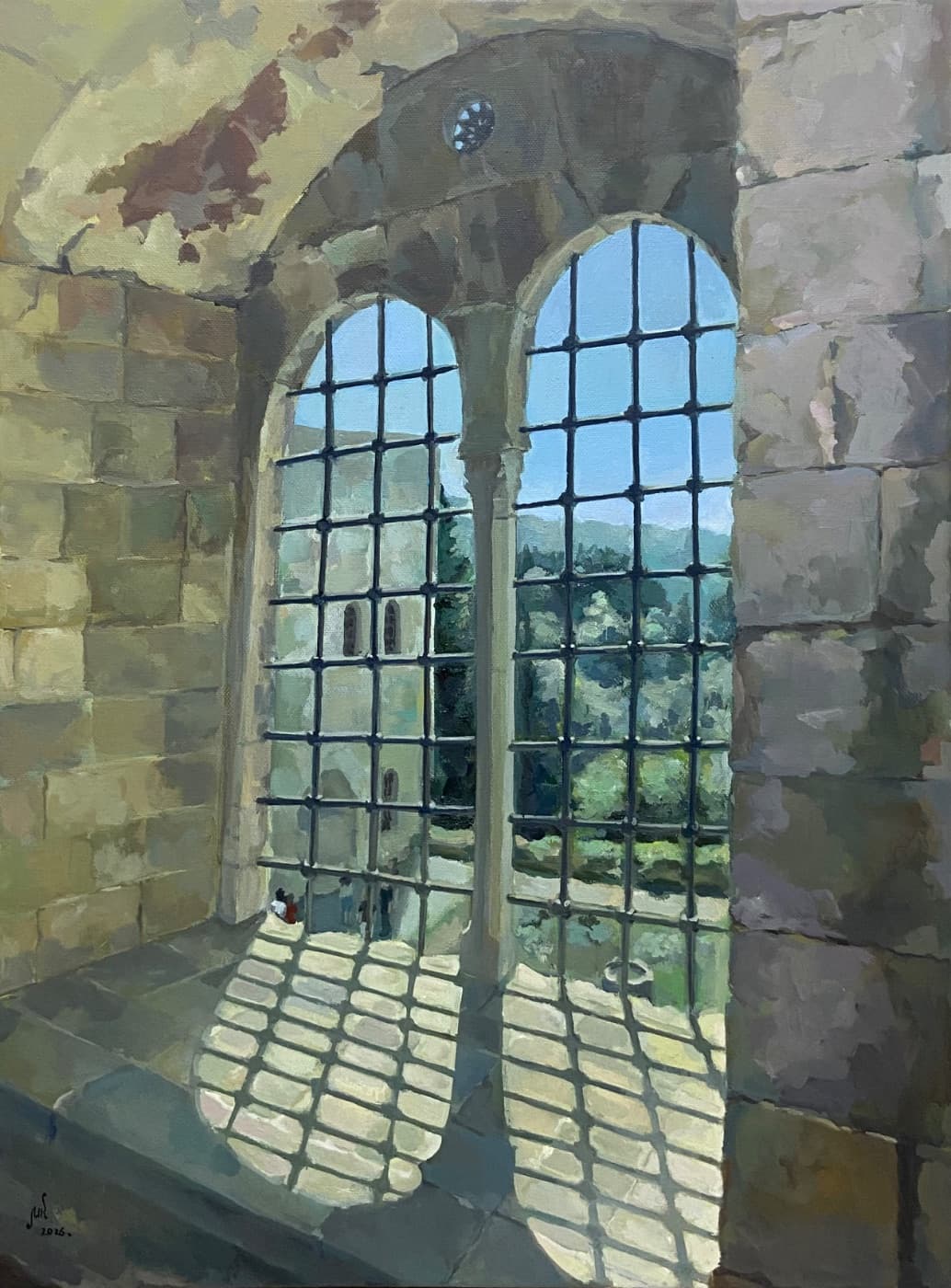Sunlit Arched Window of Beiteddine palace – Impressionist Architectural Interior Oil Painting