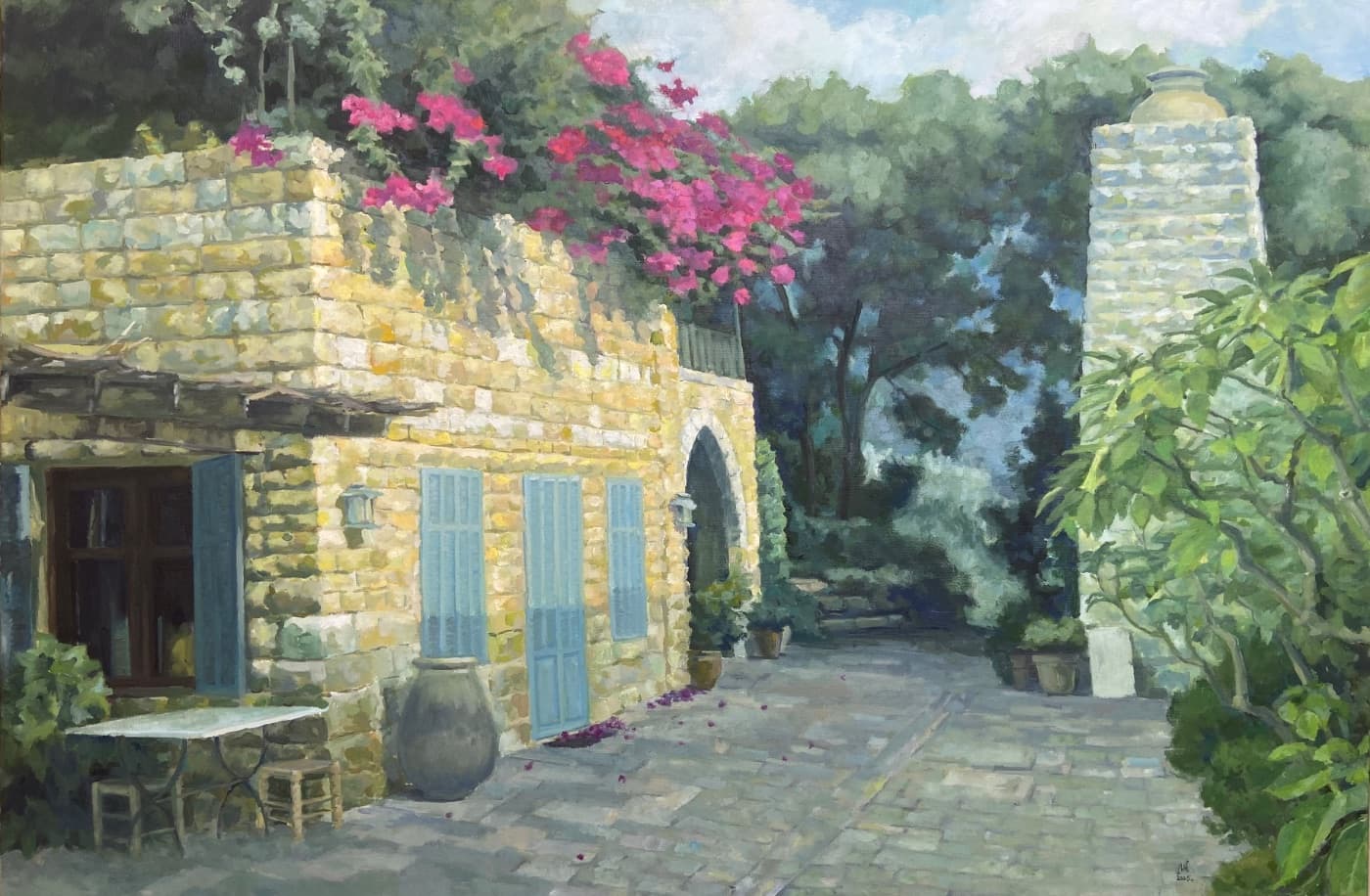 Sunlit Mediterranean Courtyard – Impressionist Oil Painting with Blue Shutters & Bougainvillea