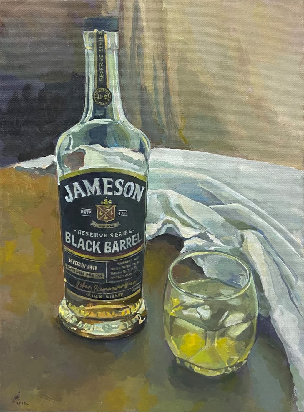 Whiskey Still Life Oil Painting – Contemporary Realism Bar Art with Glass and Ice
