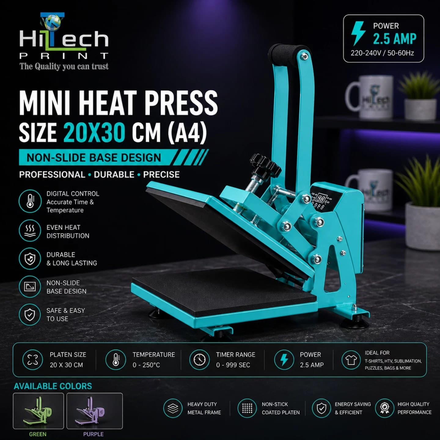 Flatbed heat press ,Manual Open Bottom material steel COLOR GREEN printing size :20*30CM Voltage : 220v