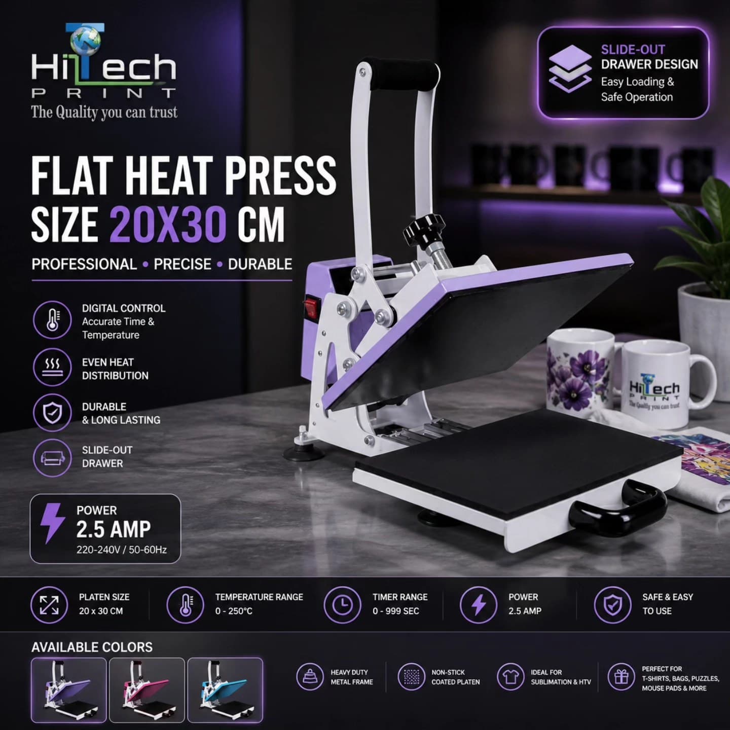 Flatbed heat press ,Manual Open Bottom slide material steel COLOR PURPLE printing size :20*30CM Voltage : 220v
