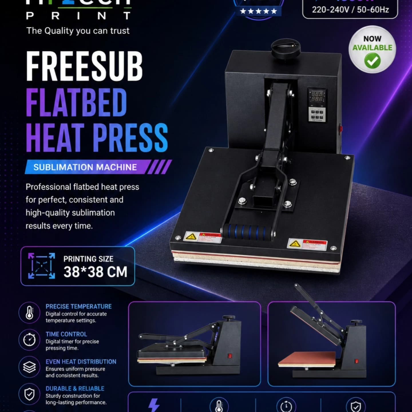 Flatbed heat press ,Manual Open Bottom material steel printing size :38*38CM Voltage : 110v/220v Color : Black