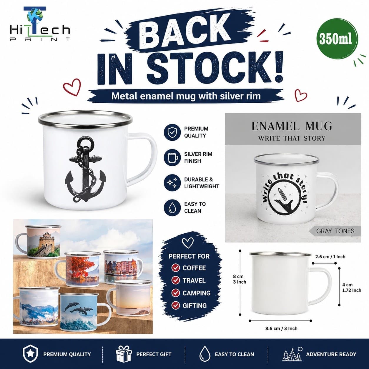 350ml Hemming Enamel mug 8*8cm Material : iron //weight : 132g Silver with white box package