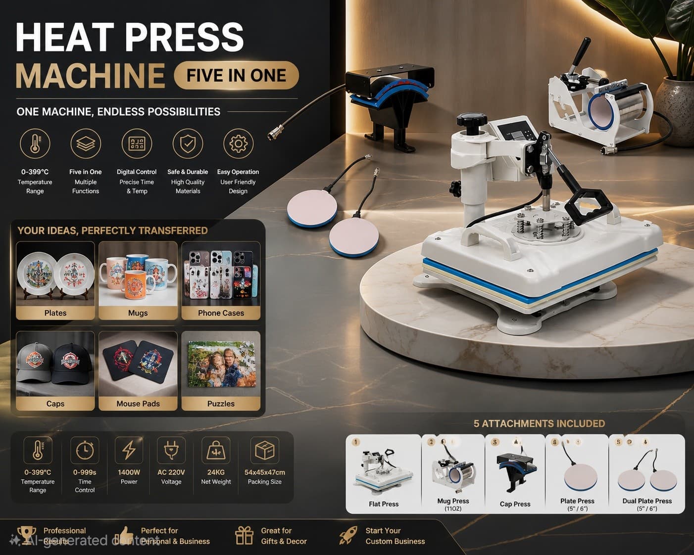 5 in 1 combo machine ( single heating ) printing size :29*38cm Color : White /black one platen,two plate mat, one cap mat,one mug mat
