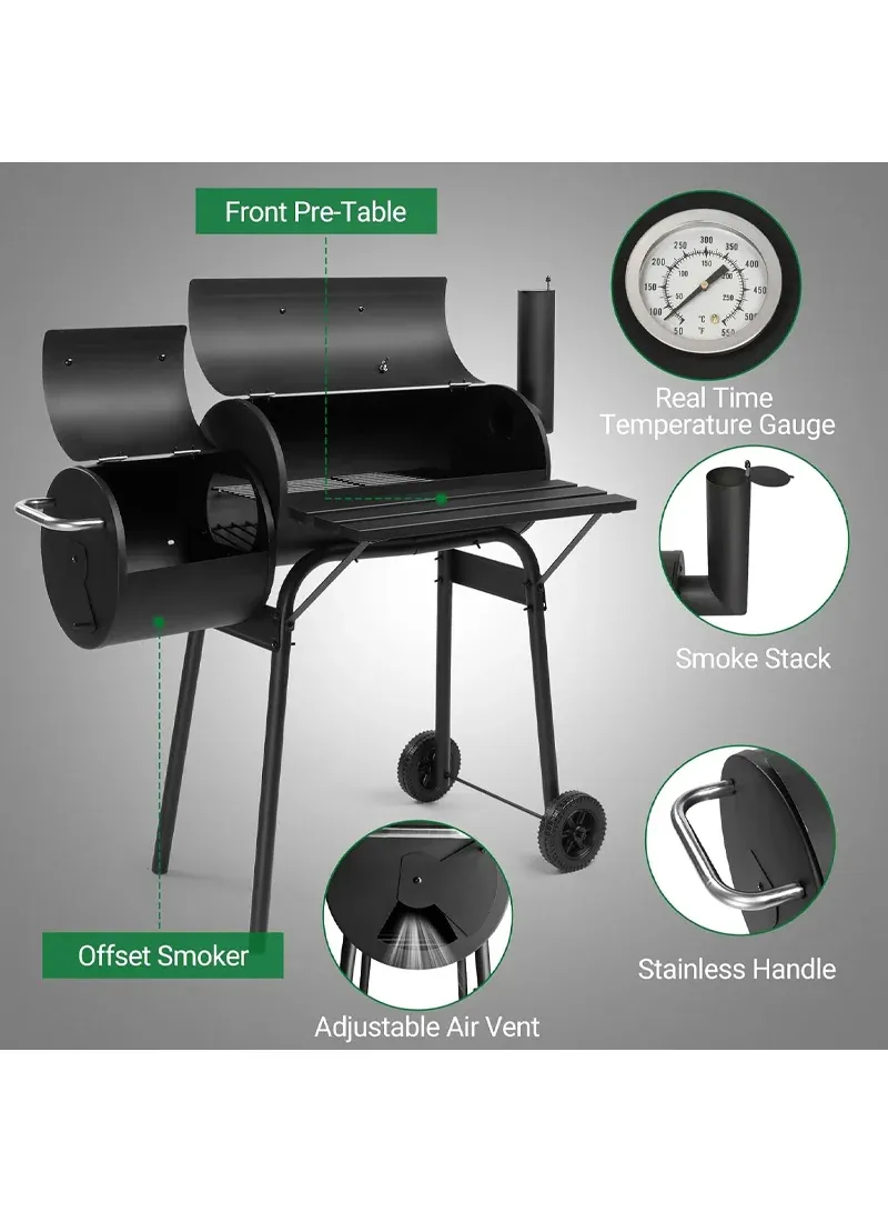 Outdoor Barbecue Smoker Grill with Thermometer & Steel Shelf