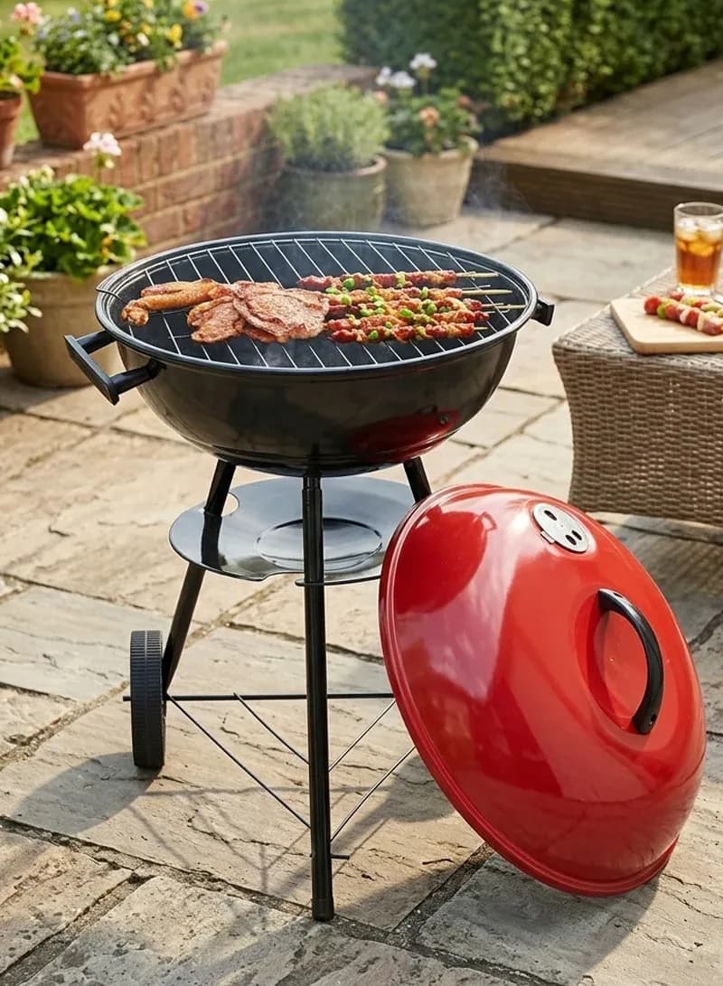 17-Inch Portable Charcoal Kettle Barbecue Grill with Red Lid & 2 Wheels (D43 x H65)cm