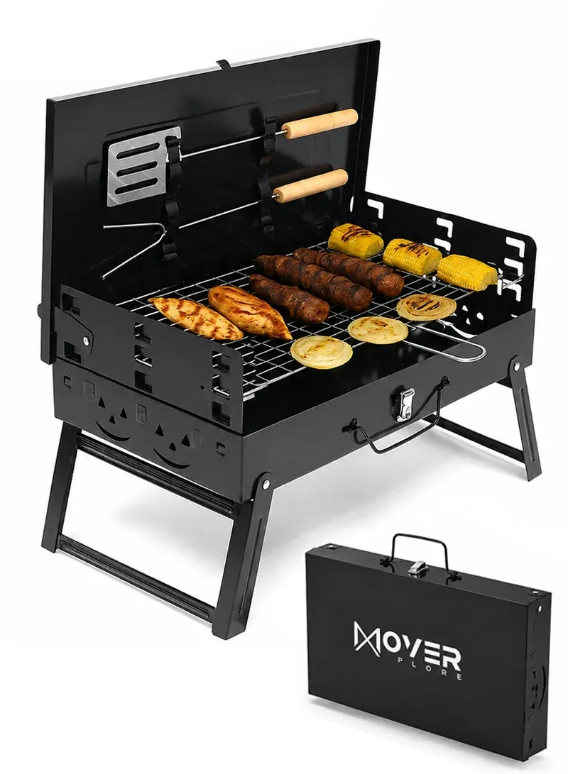 Portable Folding Charcoal Outdoor BBQ Grill Box, Adjustable Grill Net with Handle APG-KQ05 (W43 x D27 x H47)cm - Black