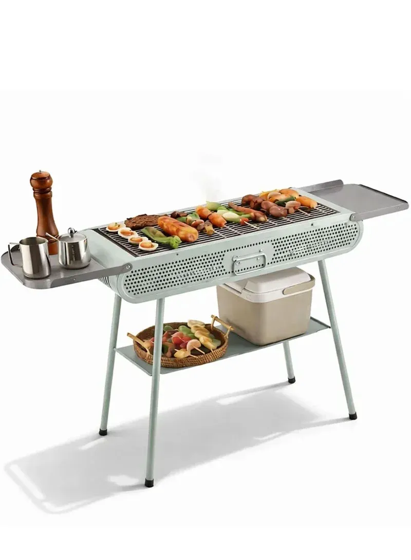 122cm Portable Chrome Plating Stainless Steel Charcoal BBQ Grill with 2 Side Tray, Outdoor Foldable Barbecue Grill with Grilling Mesh XK-16 (L122 x W30 x H72.5)cm